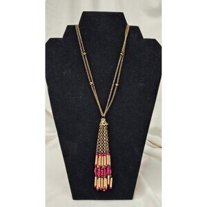 Vintage Gold Tone Tube Tassel Necklace Bead Accents Boho Chic Jewelry